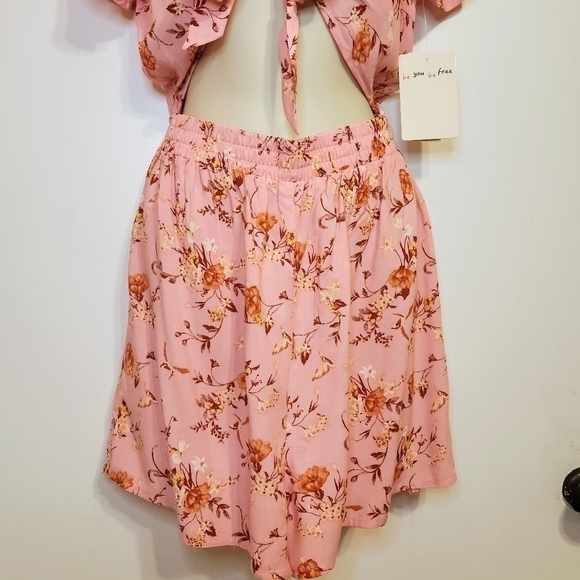 Bebop Floral Print Tie Front Cutout Romper Pink Medium - Picture 6 of 11